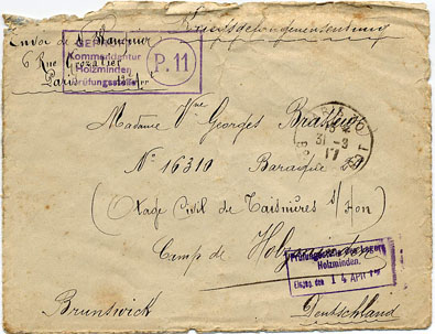 Enveloppe d'une correspondance reçue par Aimée Brasseur à Holzminden