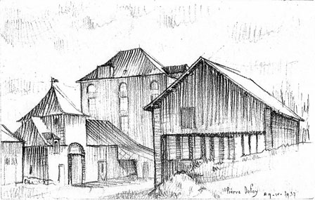 Dessin repr&eacute;sentant le moulin Williot en 1937. Le toit du bâtiment du fond a été modifié après avoir brûlé.